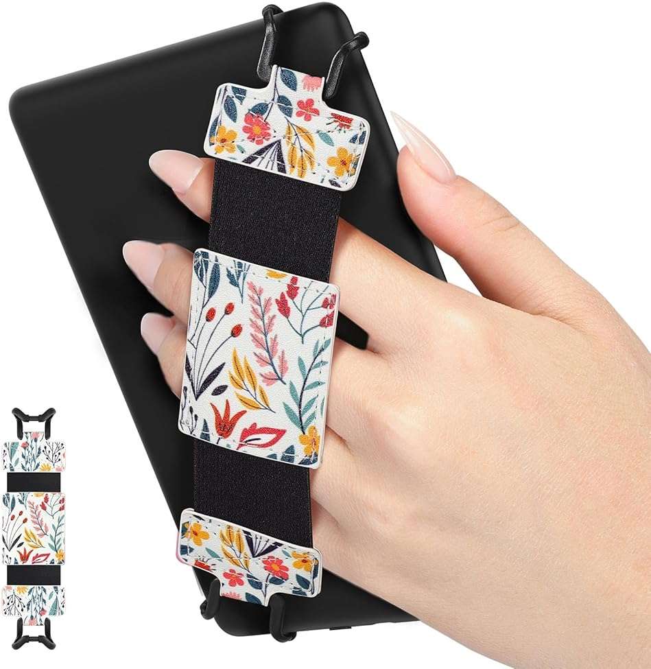 MoKo Soft Hand Strap for 6-8" Kindle eReaders Fire Tablet Kindle/Kobo/Voyaga/Lenovo/Sony Kindle E-Book Tablet, Black High-Elasticity Versatile Hand Strap Lightweight Finger Grip Holder, Flowers - Image 1