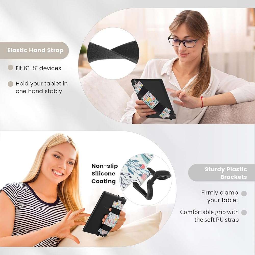 MoKo Soft Hand Strap for 6-8" Kindle eReaders Fire Tablet Kindle/Kobo/Voyaga/Lenovo/Sony Kindle E-Book Tablet, Black High-Elasticity Versatile Hand Strap Lightweight Finger Grip Holder, Flowers - Image 5