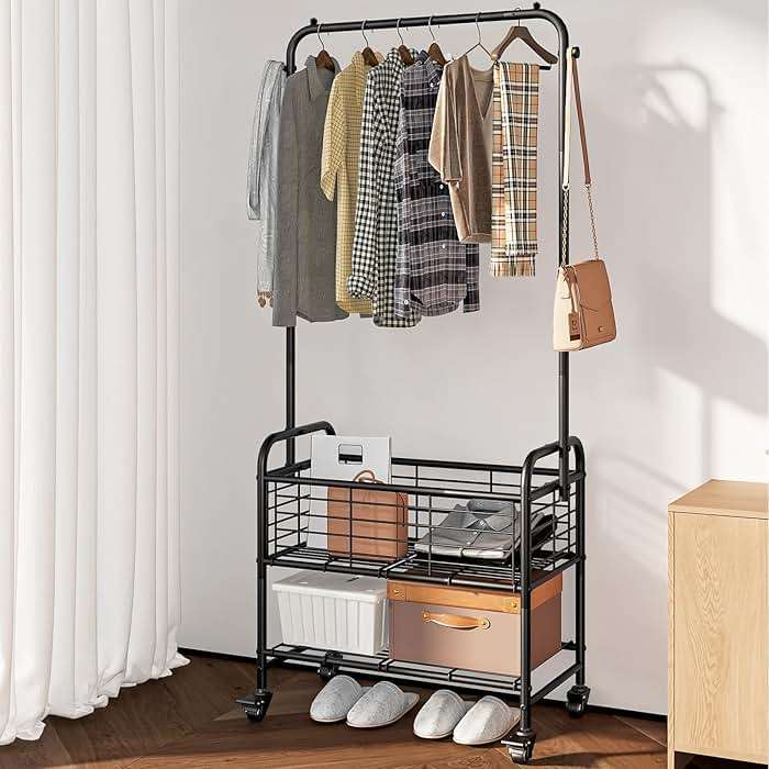SUOERNUO Laundry Cart with Hanging Rack Rolling Laundry Hamper Sorter with Wheels Shelf,Black - Image 2