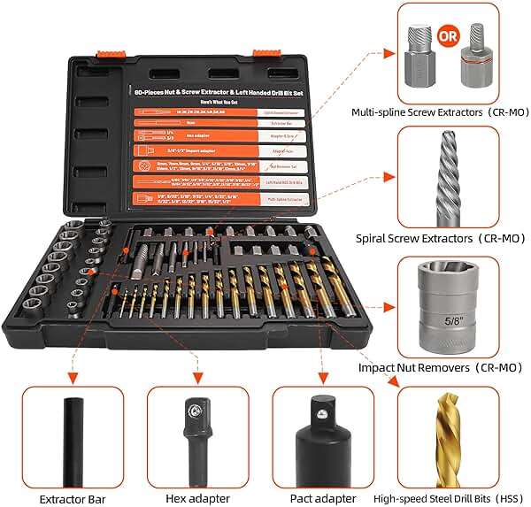 UYECOVE 56Pcs Spiral Screw Extractor Set, Left Hand Drill Bit Set, Easy Out Bolt Extractor Set with Hex Adapter, Multi-Spline Lug Nut Remover for Stripped, Rounded, Damaged, Broken Studs Bolts Screws - Image 2
