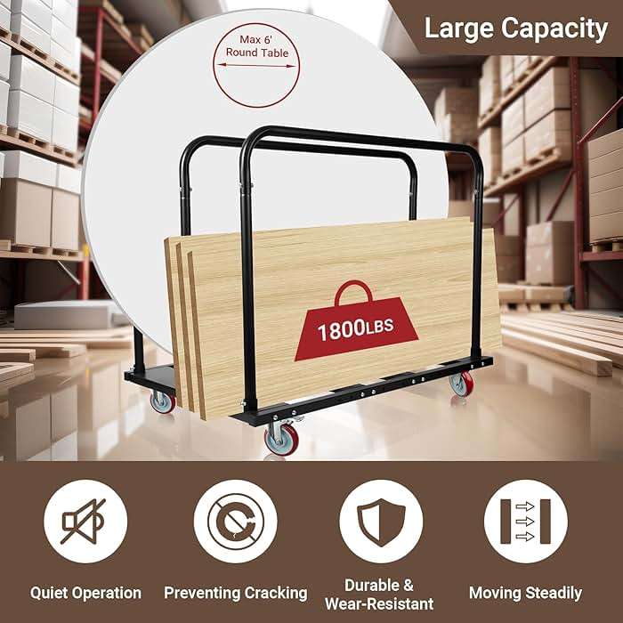 Eastrexon Folding Table Cart, Heavy Duty Table Dolly w/ 5" PU Swivel Wheels, Drywall Dolly Cart w/ 1800 LBS & 10 Table Capacity for Party Events, Hotel, Factory, Warehouse, (45.6" L x 29" W x 39" H) - Image 2
