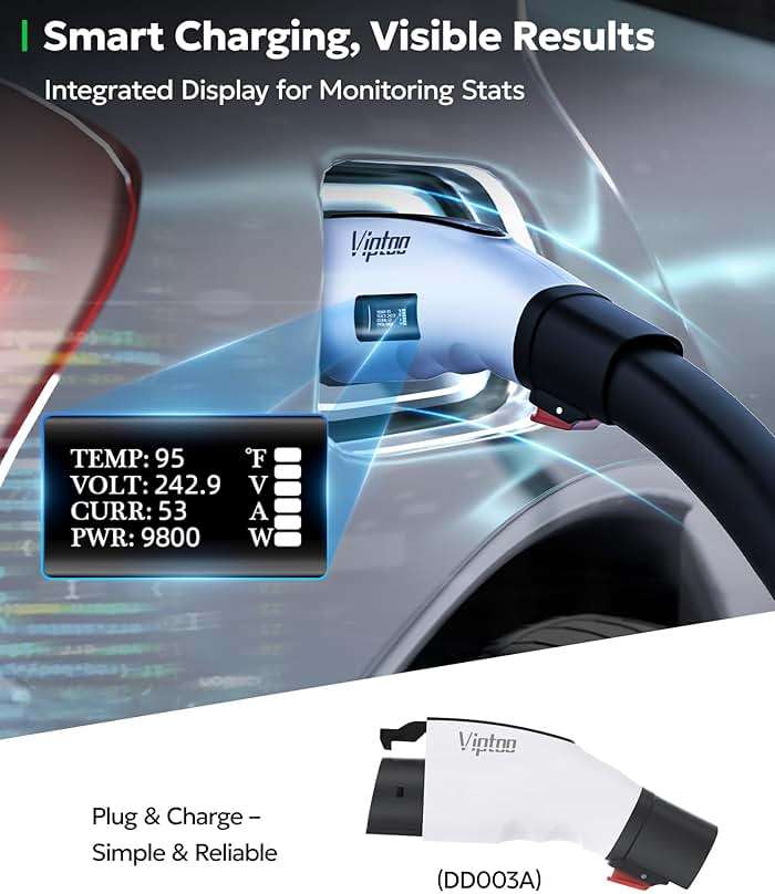 VIPTOO Tesla to J1772 Adapter 60A 250V AC — NACS EV Charging Connector with Digital Display for Tesla Wall/Destination/Mobile Charger, Fast & Safe Charging (White) - Image 2