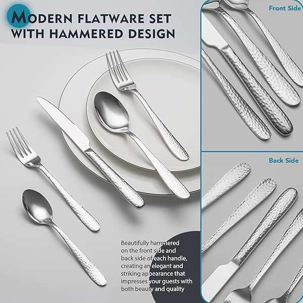 Hammered Silverware Set, EIUBUIE 40-Piece Stainless Steel Flatware Set for 8, Mirror Finish Tableware Kitchen Cutlery Sets, Durable Home Eating Utensils Sets Includes Fork Spoon Knife, Dishwasher Safe - Image 3