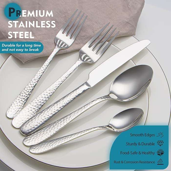 Hammered Silverware Set, EIUBUIE 40-Piece Stainless Steel Flatware Set for 8, Mirror Finish Tableware Kitchen Cutlery Sets, Durable Home Eating Utensils Sets Includes Fork Spoon Knife, Dishwasher Safe - Image 4