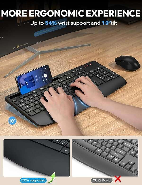 Wireless Keyboard and Mouse Combo - Full Size Ergonomic Wrist Rest, Silent Typing, Phone Holder, 2.4 GHz, 3 Level DPI, Batteries Powered, KM23D Set Compatible with PC, Laptop, Windows, macOS -SABLUTE - Image 2