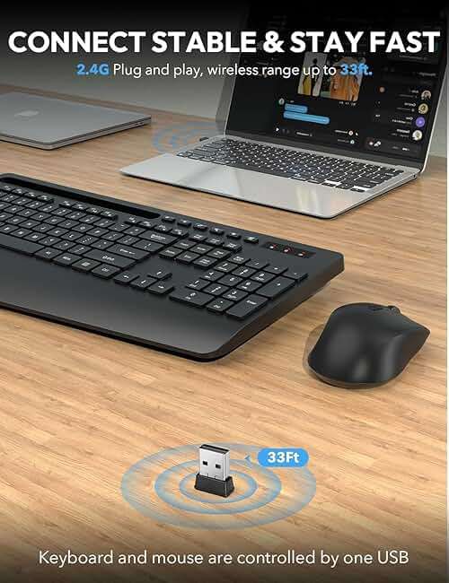 Wireless Keyboard and Mouse Combo - Full Size Ergonomic Wrist Rest, Silent Typing, Phone Holder, 2.4 GHz, 3 Level DPI, Batteries Powered, KM23D Set Compatible with PC, Laptop, Windows, macOS -SABLUTE - Image 4