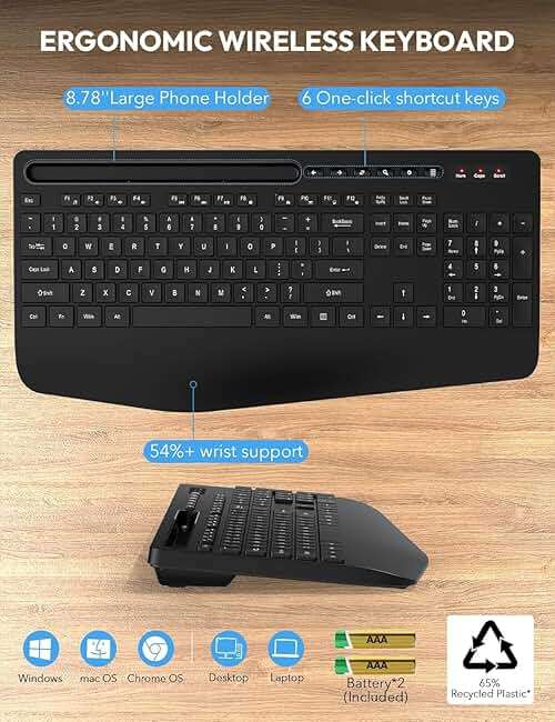 Wireless Keyboard and Mouse Combo - Full Size Ergonomic Wrist Rest, Silent Typing, Phone Holder, 2.4 GHz, 3 Level DPI, Batteries Powered, KM23D Set Compatible with PC, Laptop, Windows, macOS -SABLUTE - Image 6