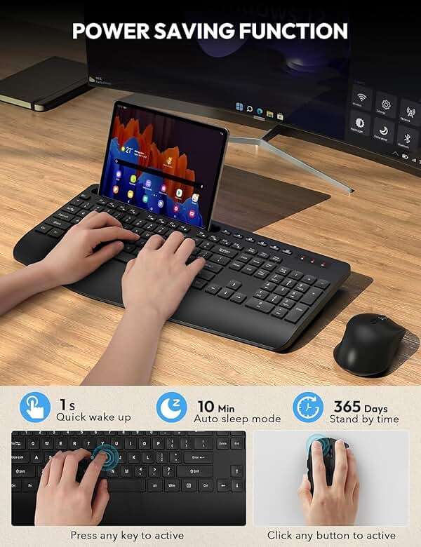 Wireless Keyboard and Mouse Combo - Full Size Ergonomic Wrist Rest, Silent Typing, Phone Holder, 2.4 GHz, 3 Level DPI, Batteries Powered, KM23D Set Compatible with PC, Laptop, Windows, macOS -SABLUTE - Image 8