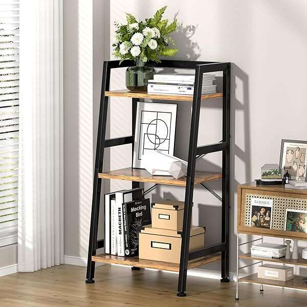 3-Tier Bookshelf, Ladder Shelf, Industrial Bookcase with Steel Frame, Metal Small Bookcase, stand up shelves for Living Room, Home Office, Kitchen, Bedroom, Industrial Style（Rustic Brown & Black） - Image 2