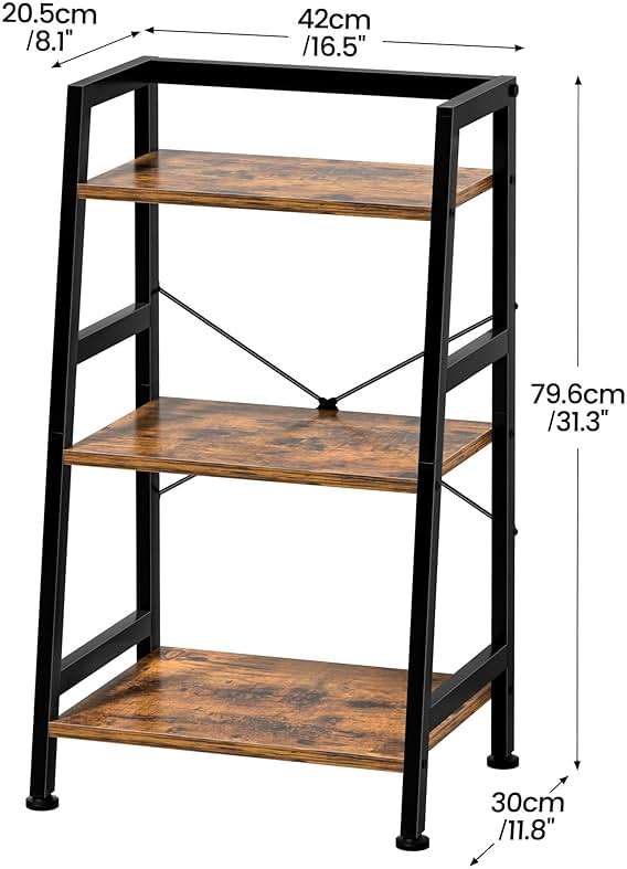 3-Tier Bookshelf, Ladder Shelf, Industrial Bookcase with Steel Frame, Metal Small Bookcase, stand up shelves for Living Room, Home Office, Kitchen, Bedroom, Industrial Style（Rustic Brown & Black） - Image 3