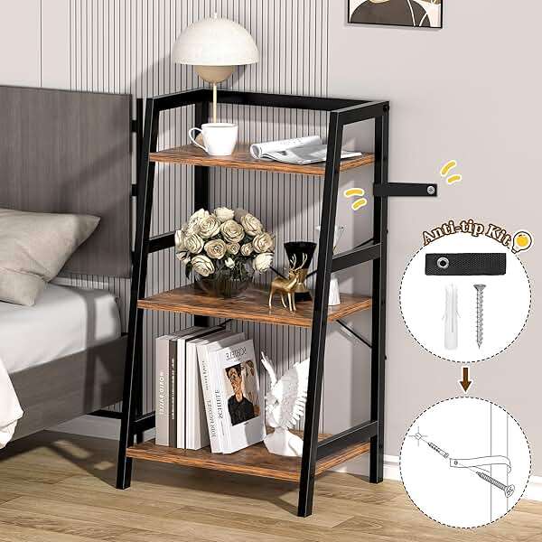3-Tier Bookshelf, Ladder Shelf, Industrial Bookcase with Steel Frame, Metal Small Bookcase, stand up shelves for Living Room, Home Office, Kitchen, Bedroom, Industrial Style（Rustic Brown & Black） - Image 4