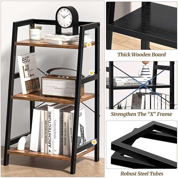 3-Tier Bookshelf, Ladder Shelf, Industrial Bookcase with Steel Frame, Metal Small Bookcase, stand up shelves for Living Room, Home Office, Kitchen, Bedroom, Industrial Style（Rustic Brown & Black） - Image 6