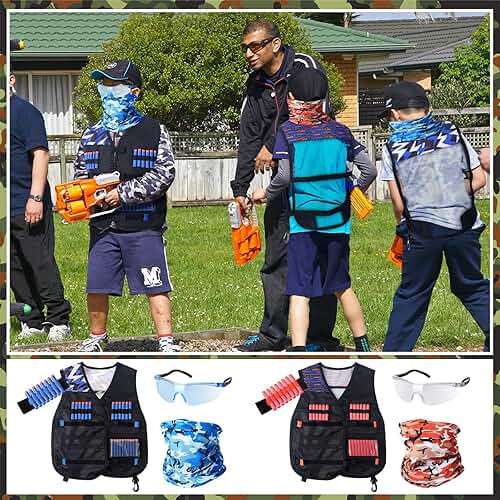 Sosation 8 Sets Kids Tactical Vest Compatible with Nerf Party Favor Accessories, Face Mask Wrist Ammo Holder Toy Gift Supplies Boys (Orange and Blue) - Image 7
