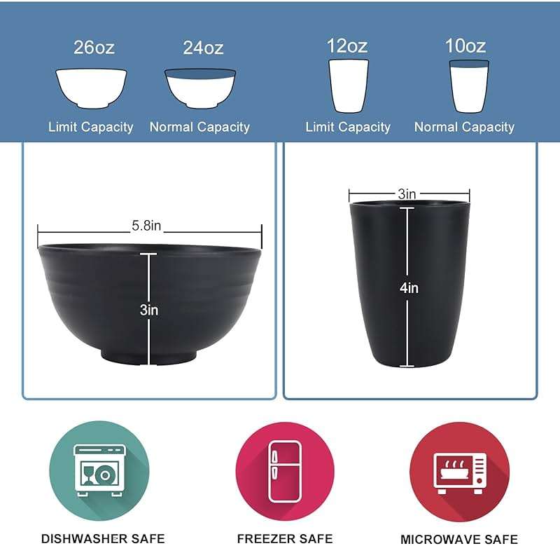 Wrova Wheat straw dinnerware sets of 40-10 inches plates,9 inches plates,6inches snack plate,26oz bowls,12oz cups - Unbreakable plates and bowls sets microwave safe and dishwasher safe. Black - Image 3