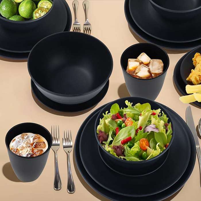 Wrova Wheat straw dinnerware sets of 40-10 inches plates,9 inches plates,6inches snack plate,26oz bowls,12oz cups - Unbreakable plates and bowls sets microwave safe and dishwasher safe. Black - Image 5