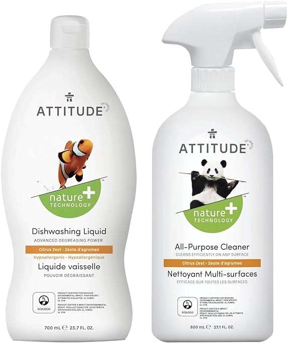 Bundle of ATTITUDE All-Purpose Cleaner, EWG Verified, Streak-Free, Plant- and Mineral-Based, Vegan, Citrus Zest, 27.1 Fl Oz + Dishwashing Liquid, Advanced Degreasing Power, Citrus Zest, 23.7 Fl Oz - Image 1
