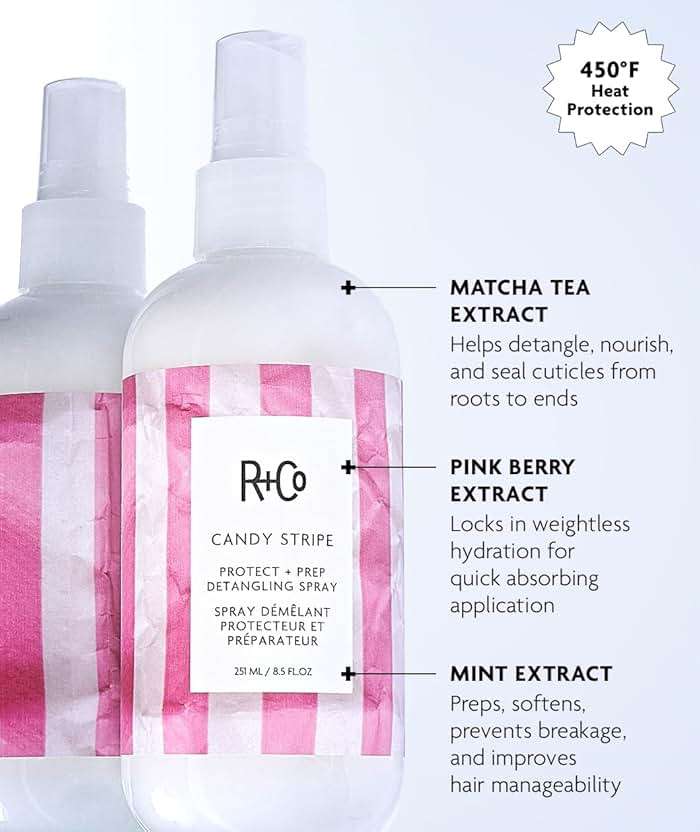 R+Co Candy Stripe Protect + Prep Detangling Spray | Instantly Detangles, Nourishes Hair, Prevents Breakage | Vegan + Cruelty-Free | 8.5 Fl Oz - Image 2