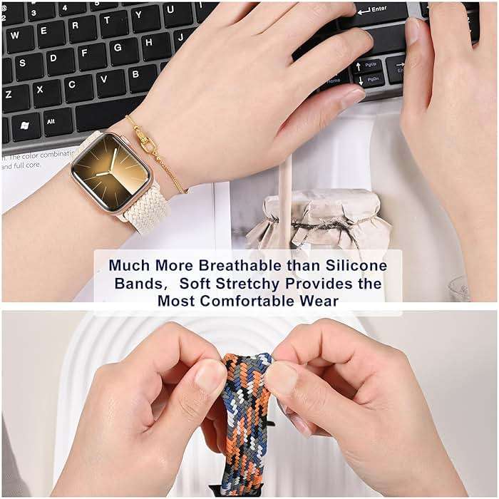 OMECKY Magnetic Braided Loop Band Compatible with Apple Watch Series 11 10 42mm 9 8 7 6 5 4 40mm 41mm for Women Men, Stretchy Nylon Elastic Sport Strap for iWatch SE 1/2/3, Starlight - Image 5