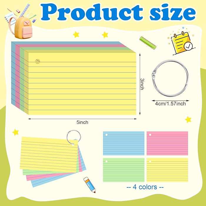 YAGUAO Colored Index Cards 3x5 Inch Heavyweight Flash Cards with Ring Lined Flashcards Note Cards for Studying School Supplies College, 200 Count - Image 2