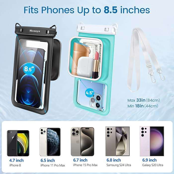 Niveaya 2 Pack IPX8 Waterproof Phone Pouch, Large Space Cell Phone Pouch Floating, Water Proof Phone Case with Lanyard, Phone Dry Bag Beach Cruise Ship Essentials(Up to 8.5") - Image 4