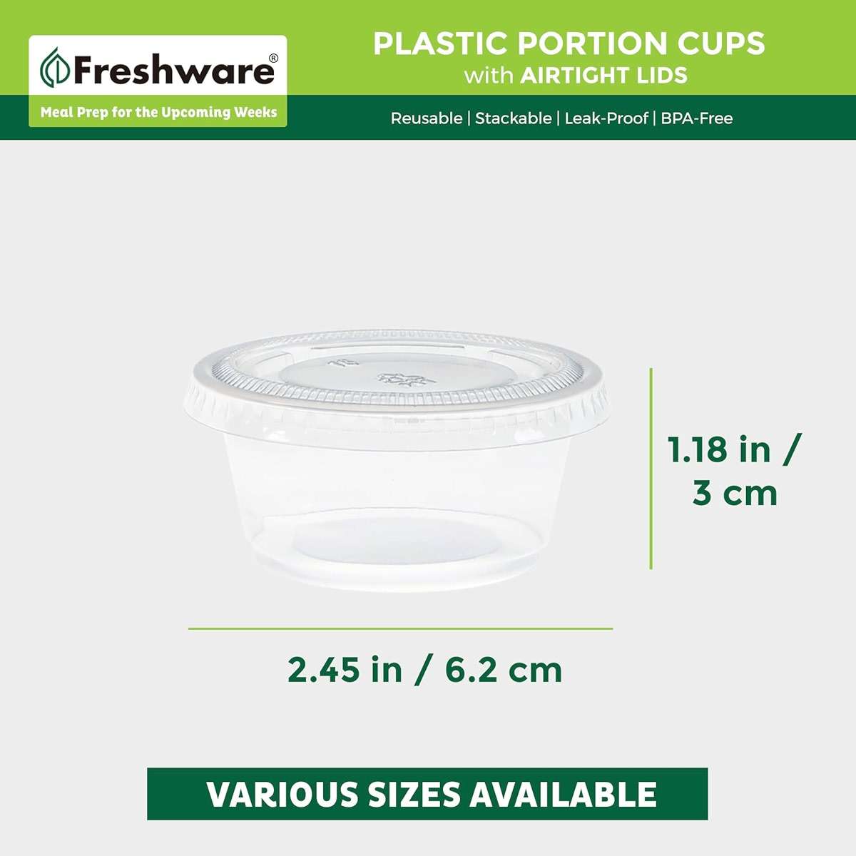 Freshware Plastic Portion Cups with Lids [2 Ounce, 200 Sets] Disposable Plastic Cups for Meal Prep, Salad Dressing, Jellos Shot Cups, Souffle Cups, Condiment and Dipping Sauce Cups - Image 2
