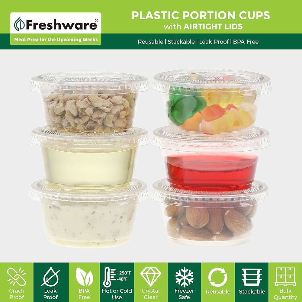 Freshware Plastic Portion Cups with Lids [2 Ounce, 200 Sets] Disposable Plastic Cups for Meal Prep, Salad Dressing, Jellos Shot Cups, Souffle Cups, Condiment and Dipping Sauce Cups - Image 3