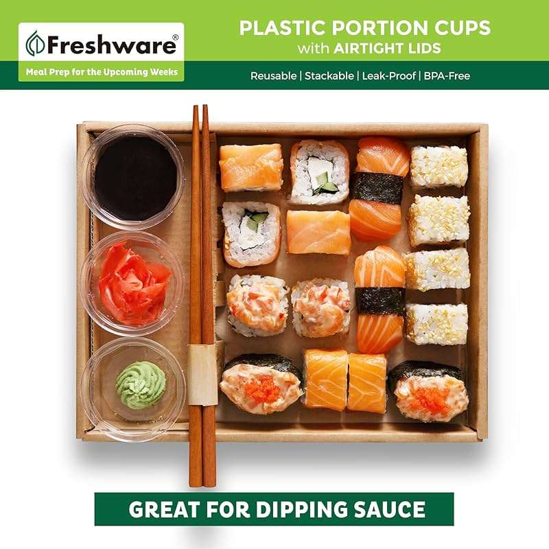 Freshware Plastic Portion Cups with Lids [2 Ounce, 200 Sets] Disposable Plastic Cups for Meal Prep, Salad Dressing, Jellos Shot Cups, Souffle Cups, Condiment and Dipping Sauce Cups - Image 4