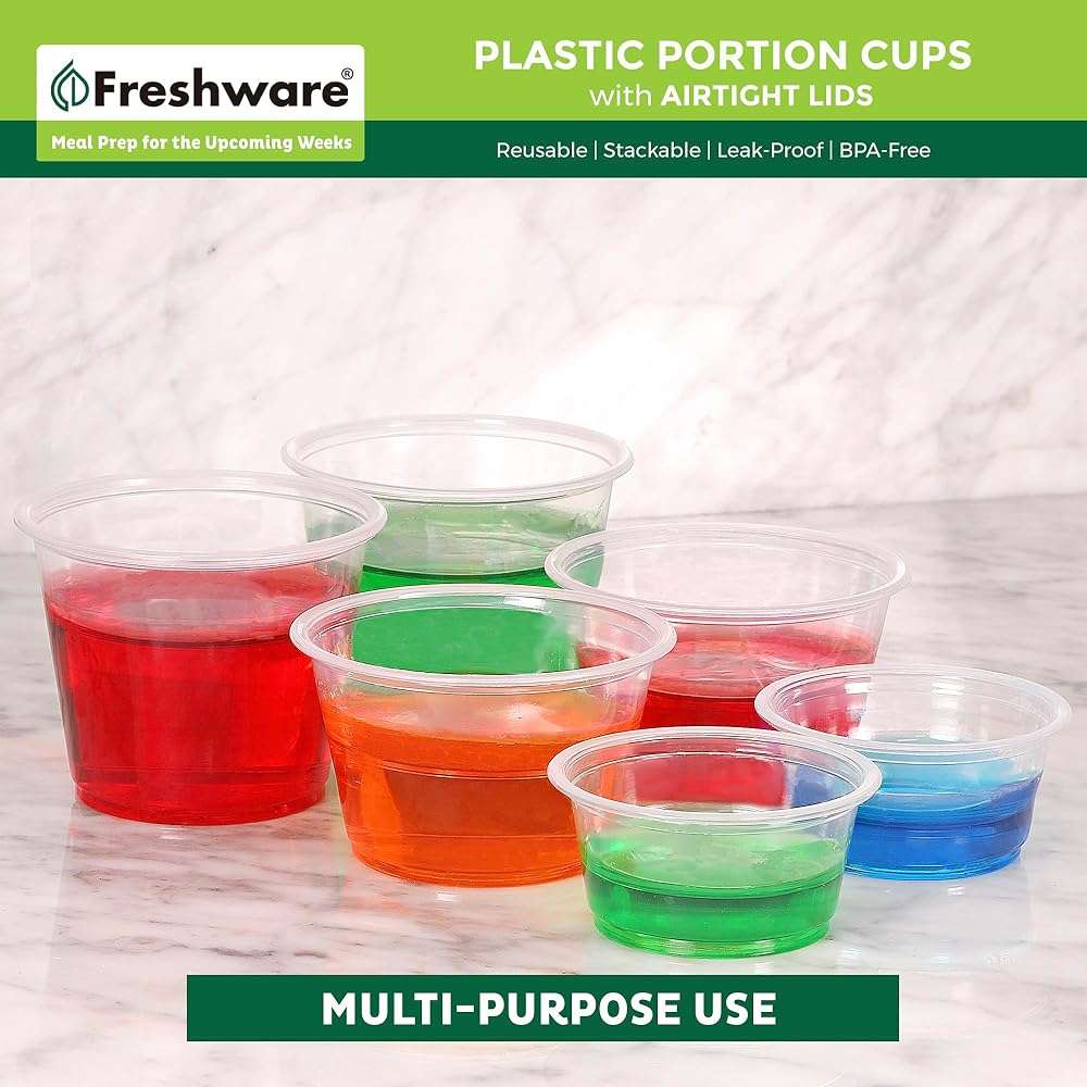 Freshware Plastic Portion Cups with Lids [2 Ounce, 200 Sets] Disposable Plastic Cups for Meal Prep, Salad Dressing, Jellos Shot Cups, Souffle Cups, Condiment and Dipping Sauce Cups - Image 5