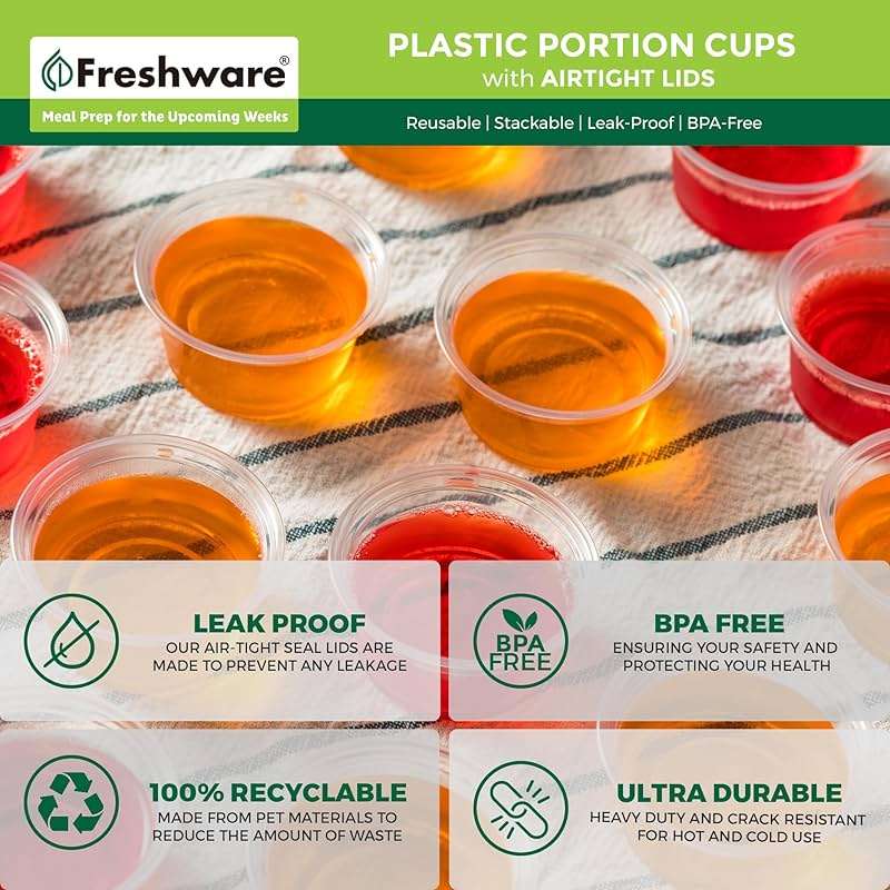 Freshware Plastic Portion Cups with Lids [2 Ounce, 200 Sets] Disposable Plastic Cups for Meal Prep, Salad Dressing, Jellos Shot Cups, Souffle Cups, Condiment and Dipping Sauce Cups - Image 6