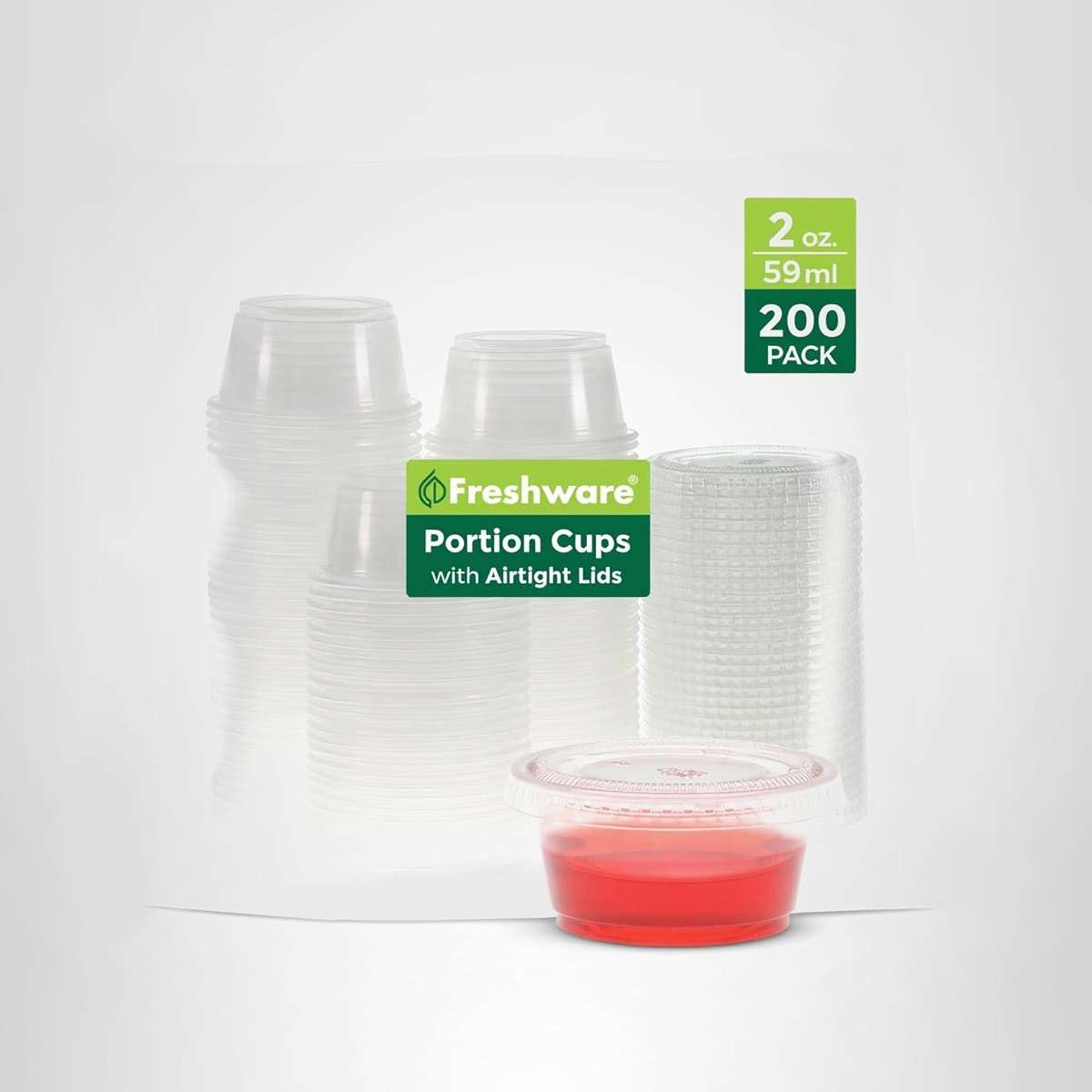 Freshware Plastic Portion Cups with Lids [2 Ounce, 200 Sets] Disposable Plastic Cups for Meal Prep, Salad Dressing, Jellos Shot Cups, Souffle Cups, Condiment and Dipping Sauce Cups - Image 8