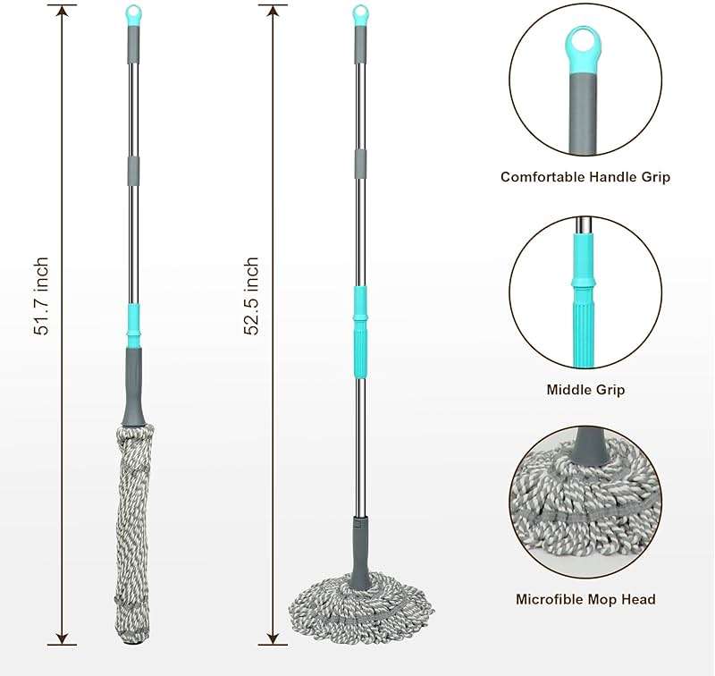 Kickleen Self Wringing Mop - Easy Squeeze Twist Mop with 52.5 Inch Long Handle, Heavy Duty for Hardwood, Tile, Vinyl & Laminate Floors (Gray) - Image 2