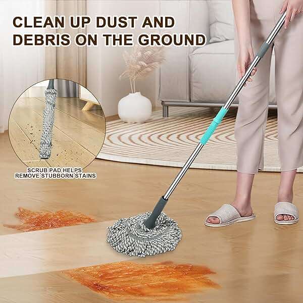 Kickleen Self Wringing Mop - Easy Squeeze Twist Mop with 52.5 Inch Long Handle, Heavy Duty for Hardwood, Tile, Vinyl & Laminate Floors (Gray) - Image 4