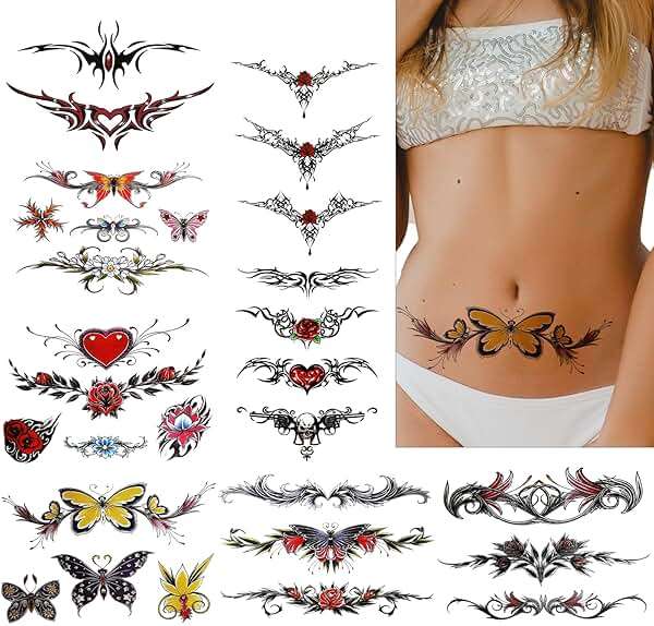8 Sheets Bell Temporary Tattoos for Women Realistic Sexy Temporary Tattoos Stickers Large Size Waterproof Butterfly Tattoos Temporary Waist Cover Scar for Women Girls - Image 1