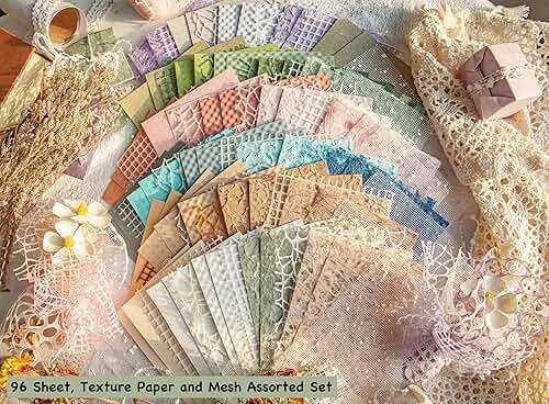 96 Sheets Textured Scrapbook Paper and Mesh Fabric Assorted Set - 6 Pack Mixed Special Paper for Scrapbooking Planner Bullet Junk Journal Supplies Mixed Media Collage Card Embellishments 3.9x5.5 Inch - Image 2