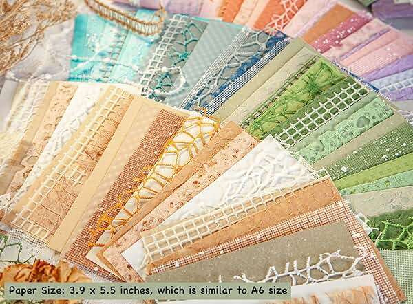 96 Sheets Textured Scrapbook Paper and Mesh Fabric Assorted Set - 6 Pack Mixed Special Paper for Scrapbooking Planner Bullet Junk Journal Supplies Mixed Media Collage Card Embellishments 3.9x5.5 Inch - Image 4
