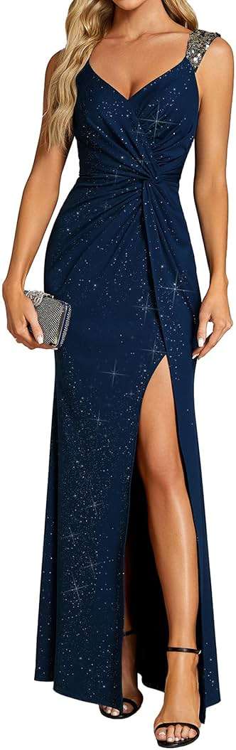 Ever-Pretty Women's Glitter Sleeveless V-Neck Summer Formal Wedding Guest Dresses Sexy High Split Bodycon Evening Gown 01888 - Image 1