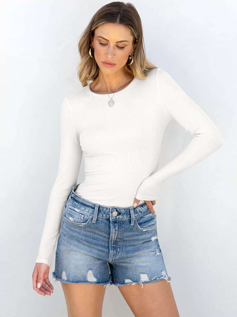 ANRABESS Women Long Sleeve Shirts Rib Knit Slim Fit Tops Basic Tee Spring Outfits Casual T-Shirt Underscrubs Layer Clothes - Image 2