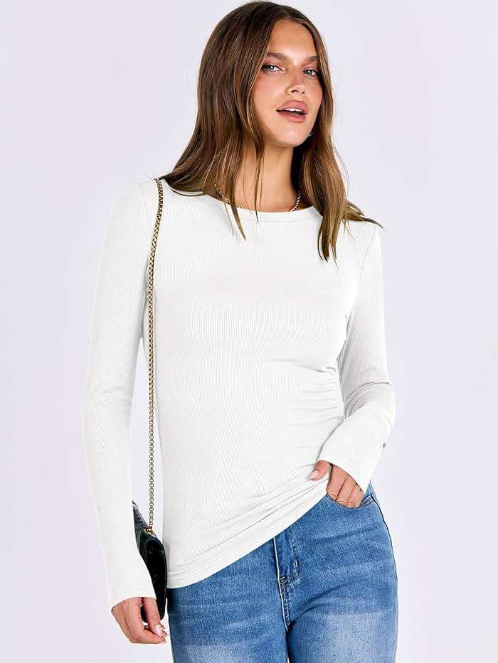 ANRABESS Women Long Sleeve Shirts Rib Knit Slim Fit Tops Basic Tee Spring Outfits Casual T-Shirt Underscrubs Layer Clothes - Image 4