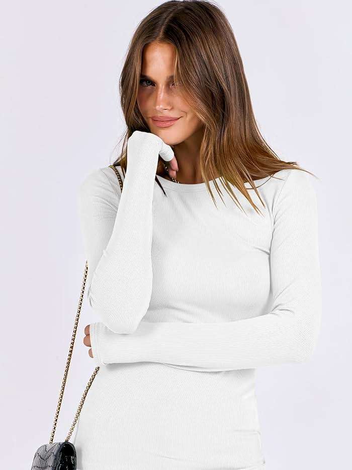 ANRABESS Women Long Sleeve Shirts Rib Knit Slim Fit Tops Basic Tee Spring Outfits Casual T-Shirt Underscrubs Layer Clothes - Image 6