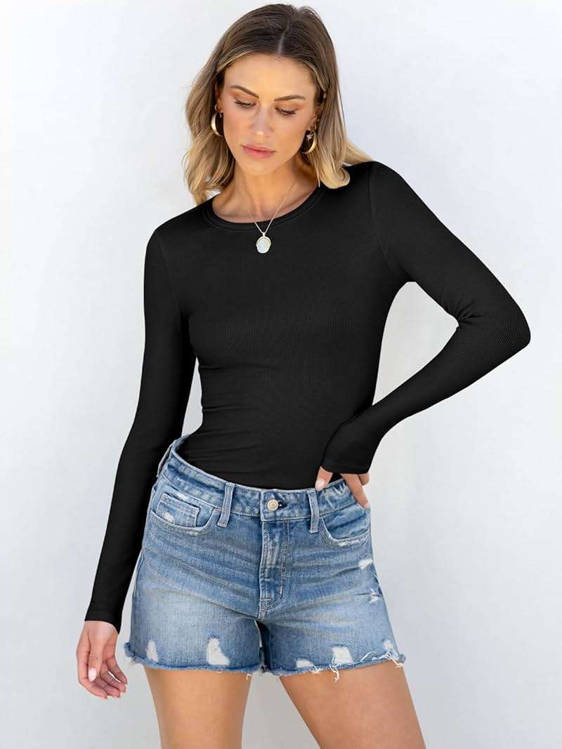 ANRABESS Women Long Sleeve Shirts Rib Knit Slim Fit Tops Basic Tee Spring Outfits Casual T-Shirt Underscrubs Layer Clothes - Image 2