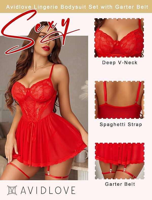 Avidlove Women Lace Mesh Babydoll Lingerie Set with Garter Belt | 4 piece set, includes thong & garter belt, lace corset bodice, adjustable straps, S-4XL - Image 2