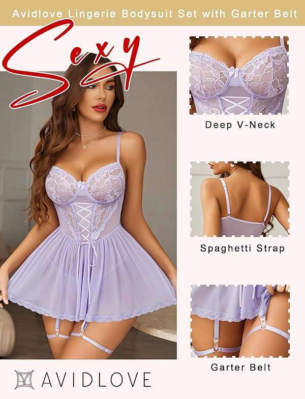 Avidlove Women Lace Mesh Babydoll Lingerie Set with Garter Belt | 4 piece set, includes thong & garter belt, lace corset bodice, adjustable straps, S-4XL - Image 2