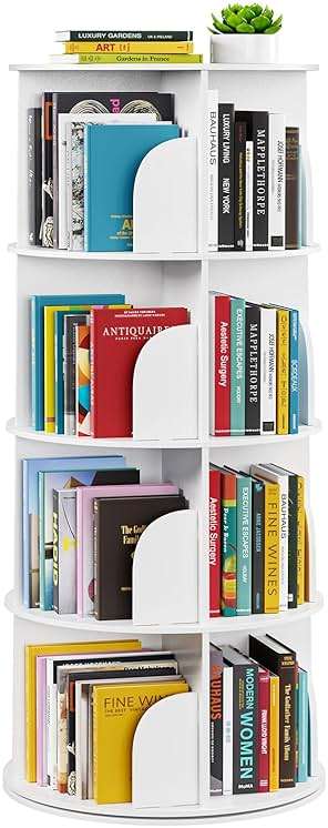SpaceAid 4 Tier Rotating Bookshelf Tower, Spinning Bookcase Lazy Susan, Revolving 360 Book Shelf Storage Round Carousel, Vertical Rotate Turning Spiral Corner Organizer, White - Image 1