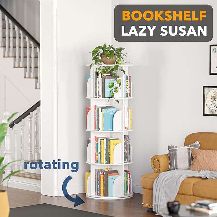 SpaceAid 4 Tier Rotating Bookshelf Tower, Spinning Bookcase Lazy Susan, Revolving 360 Book Shelf Storage Round Carousel, Vertical Rotate Turning Spiral Corner Organizer, White - Image 4