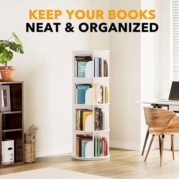 SpaceAid 4 Tier Rotating Bookshelf Tower, Spinning Bookcase Lazy Susan, Revolving 360 Book Shelf Storage Round Carousel, Vertical Rotate Turning Spiral Corner Organizer, White - Image 6