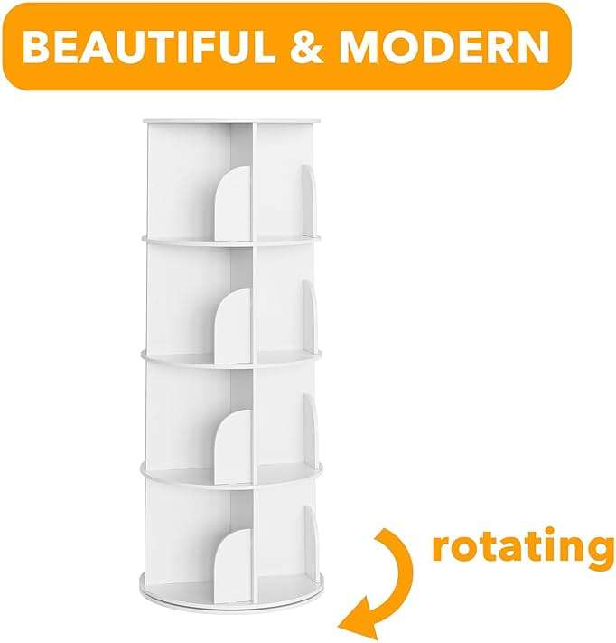 SpaceAid 4 Tier Rotating Bookshelf Tower, Spinning Bookcase Lazy Susan, Revolving 360 Book Shelf Storage Round Carousel, Vertical Rotate Turning Spiral Corner Organizer, White - Image 7
