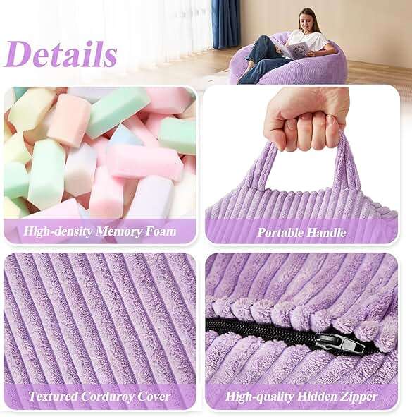 3FT Bean Bag Chairs Teardrop Bean Bag Chair for Adults Beanbag Chair with Memory Foam Filled Machine Washable Cover for Living Room, Bedroom - Image 6