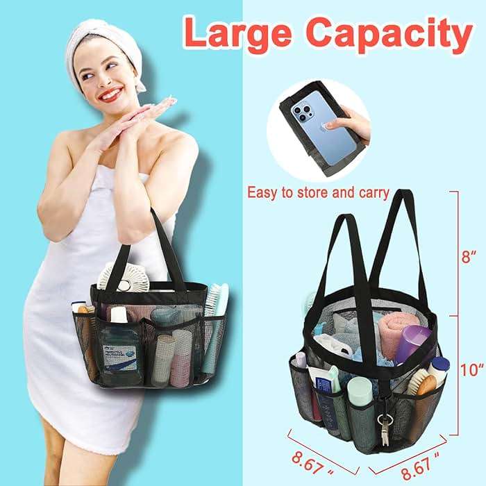 Fammart Mesh Shower Caddy Portable for College Dorm Room Essentials, Odorless Polyester Large Shower Tote Bag with Dual Handles, 8-Pocket Quick-Dry Toiletry Organizer for Travel, Beach, Camping, Gym - Image 3