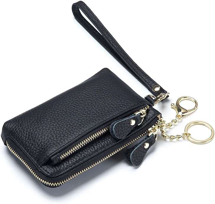 Women Genuine Real Leather Coin Purse with Hand Strap. 3 Zipper Small Wallet Wristlet with 3 credit cards slots Holder - Black - Image 1