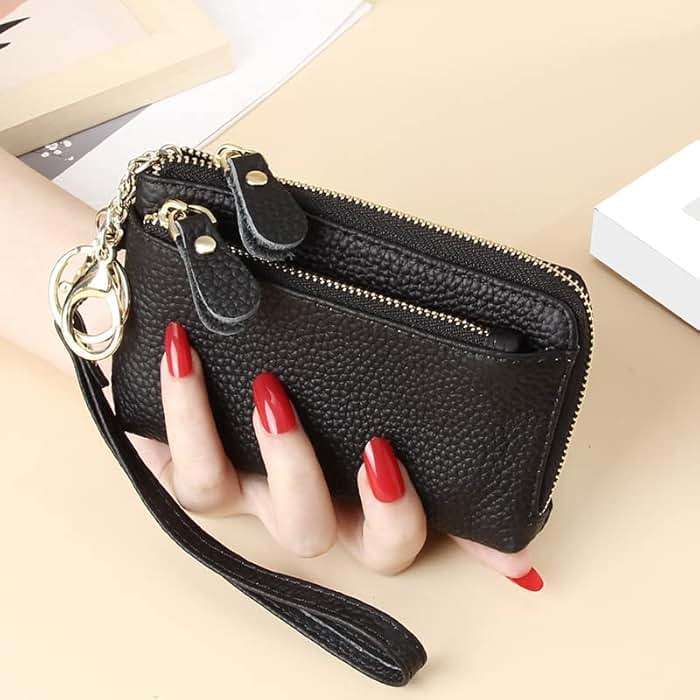 Women Genuine Real Leather Coin Purse with Hand Strap. 3 Zipper Small Wallet Wristlet with 3 credit cards slots Holder - Black - Image 2